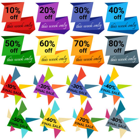 Set of Sale Discount Labels, Tags, Emblems. Web collection of stickers and badges for sale. Isolated vector illustration.のイラスト素材