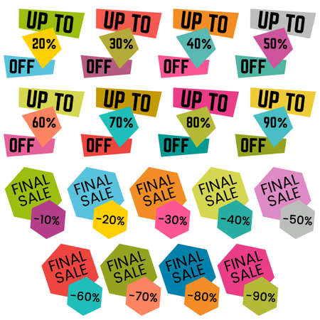 Set of Sale Discount Labels, Tags, Emblems. Web collection of stickers and badges for sale. Isolated vector illustration.のイラスト素材