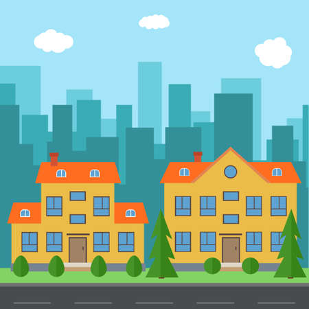 Vector city with cartoon houses and buildings. City space with road on flat style background concept. Summer urban landscape. Street view with cityscape on a backgroundのイラスト素材