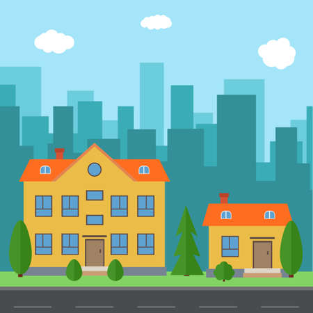 Vector city with cartoon houses and buildings. City space with road on flat style background concept. Summer urban landscape. Street view with cityscape on a backgroundのイラスト素材