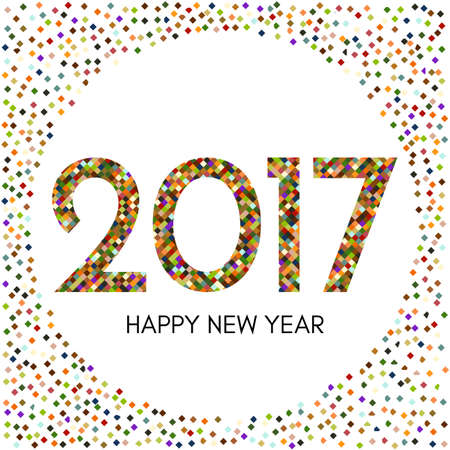 Happy New Year 2017 label with colorful confetti. New Year and Xmas Design Element Template. Vector Illustration.のイラスト素材