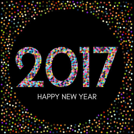 Happy New Year 2017 label with colorful confetti on black background. New Year and Xmas Design Element Template. Vector Illustration.のイラスト素材