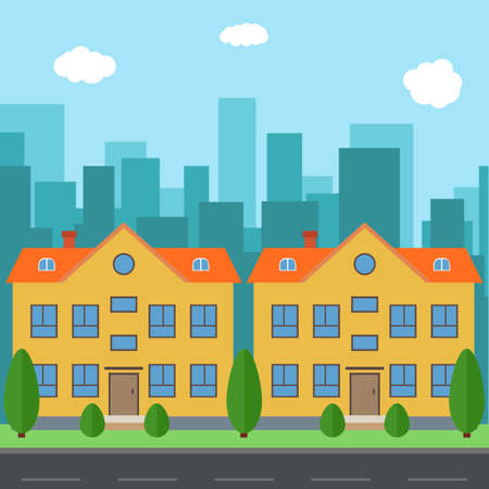 Vector city with cartoon houses and buildings. City space with road on flat style background concept. Summer urban landscape. Street view with cityscape on a backgroundのイラスト素材