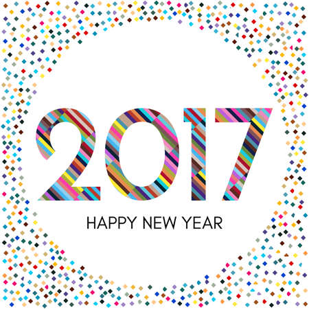 Happy New Year 2017 label with colorful confetti. New Year and Xmas Design Element Template. Vector Illustration.のイラスト素材