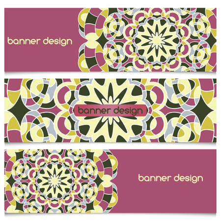 Abstract geometric header vector background with mandala. Set of vector banners with abstract geometric colored shapes. Ethnic pattern cards set.のイラスト素材