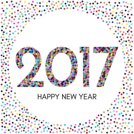 Happy New Year 2017 label with colorful confetti. New Year and Xmas Design Element Template. Vector Illustration.のイラスト素材