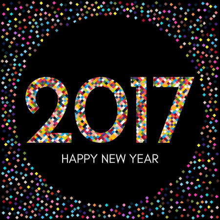 Happy New Year 2017 label with colorful confetti on black background. New Year and Xmas Design Element Template. Vector Illustration.のイラスト素材