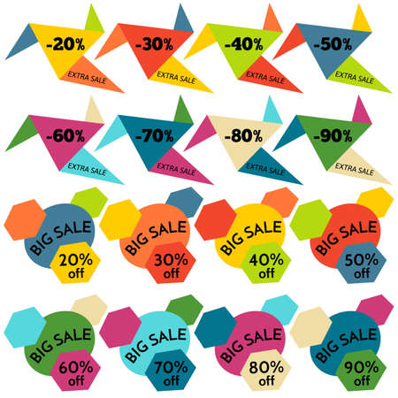 Set of Sale Discount Labels, Tags, Emblems. Web collection of stickers and badges for sale. Isolated vector illustration.のイラスト素材