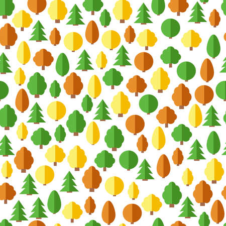 Seamless forest pattern. Seamless background with trees in flat style. Vector forest illustration on white background. Colorful seamless pattern of different trees and bushes.のイラスト素材