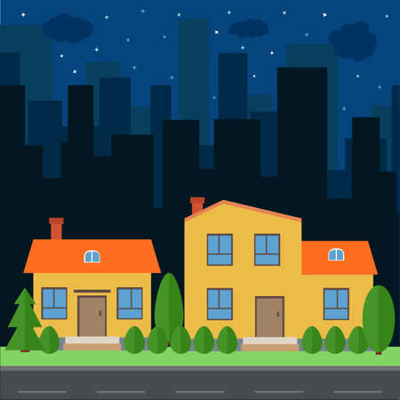Vector night city with cartoon houses and buildings. City space with road on flat style background concept. Summer urban landscape. Street view with cityscape on a backgroundのイラスト素材
