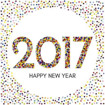 Happy New Year 2017 label with colorful confetti. New Year and Xmas Design Element Template. Vector Illustration.のイラスト素材