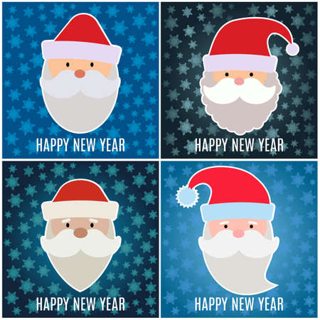 Set of New Year greeting card with Santa Claus on dark blue background with snowflakes.のイラスト素材