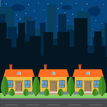 Vector night city with cartoon houses and buildings. City space with road on flat style background concept. Summer urban landscape. Street view with cityscape on a backgroundのイラスト素材