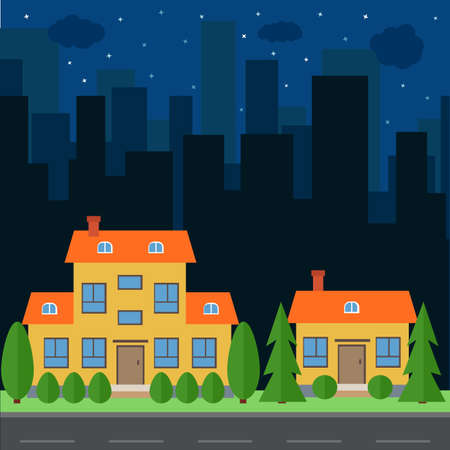 Vector night city with cartoon houses and buildings. City space with road on flat style background concept. Summer urban landscape. Street view with cityscape on a backgroundのイラスト素材