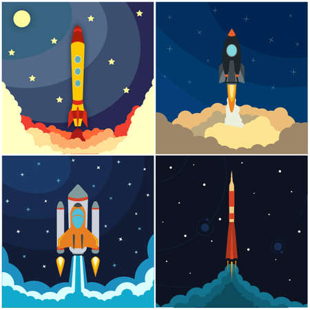 Set of space rocket launch. Vector illustration with flying rocket. Space travel. Project development. Creative idea.のイラスト素材