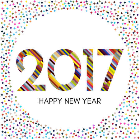Happy New Year 2017 label with colorful confetti. New Year and Xmas Design Element Template. Vector Illustration.のイラスト素材