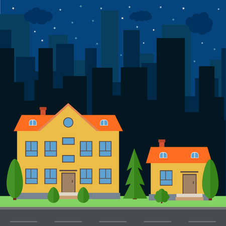 Vector night city with cartoon houses and buildings. City space with road on flat style background concept. Summer urban landscape. Street view with cityscape on a backgroundのイラスト素材