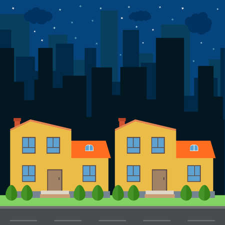 Vector night city with cartoon houses and buildings. City space with road on flat style background concept. Summer urban landscape. Street view with cityscapeのイラスト素材