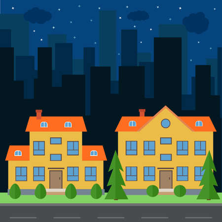 Vector night city with cartoon houses and buildings. City space with road on flat style background concept. Summer urban landscape. Street view with cityscape on a backgroundのイラスト素材