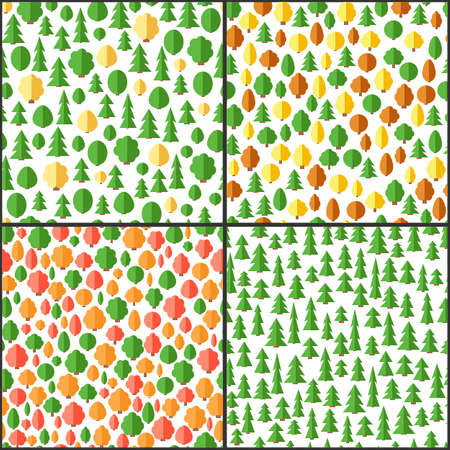 Set of four patterns. Seamless background with different trees and bushesのイラスト素材