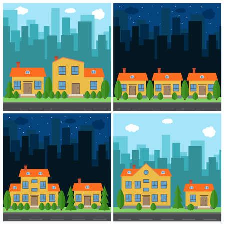 Set of vector day and night city with cartoon houses and buildings. City space with road on flat style background concept. Summer urban landscape. Street view with cityscape on a backgroundのイラスト素材