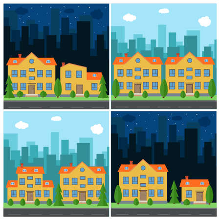 Set of vector day and night city with cartoon houses and buildings. City space with road on flat style background concept. Summer urban landscape. Street view with cityscape on a backgroundのイラスト素材