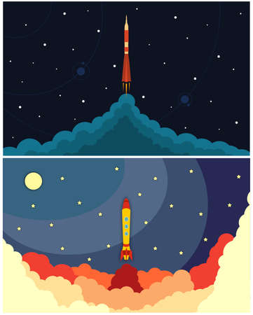 Set of space rocket launch. Vector illustration with flying rocket. Space travel. Project development. Creative idea.のイラスト素材