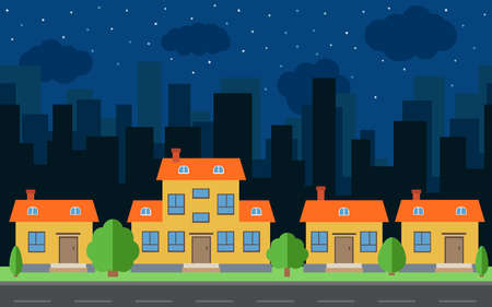 Vector night city with cartoon houses and buildings. City space with road on flat style background concept. Summer urban landscape. Street view with cityscape on a backgroundのイラスト素材