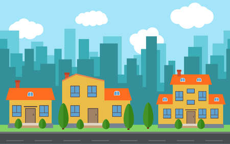 Vector city with cartoon houses and buildings. City space with road on flat style background concept. Summer urban landscape. Street view with cityscape on a backgroundのイラスト素材