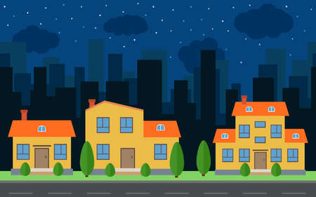 Vector night city with cartoon houses and buildings. City space with road on flat style background concept. Summer urban landscape. Street view with cityscape on a backgroundのイラスト素材