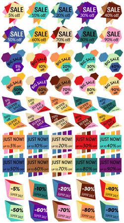 Set of Sale Discount Labels, Tags, Emblems. Web collection of stickers and badges for sale. Isolated vector illustration.のイラスト素材