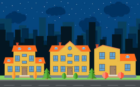 Vector night city with cartoon houses and buildings. City space with road on flat style background concept. Summer urban landscape. Street view with cityscape on a backgroundのイラスト素材