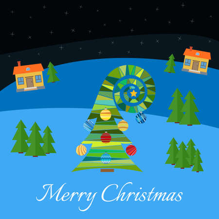 Christmas tree with multi-colored toys. Christmas tree in the village at night. Starry night sky in the village in winter.のイラスト素材