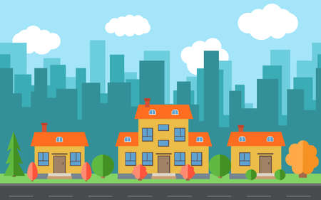 Vector city with cartoon houses and buildings. City space with road on flat style background concept. Summer urban landscape. Street view with cityscape on a backgroundのイラスト素材