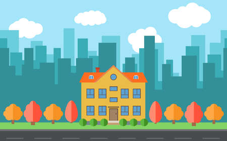 Vector city with cartoon houses and buildings. City space with road on flat style background concept. Summer urban landscape. Street view with cityscape on a backgroundのイラスト素材