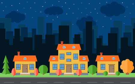 Vector night city with cartoon houses and buildings. City space with road on flat style background concept. Summer urban landscape. Street view with cityscape on a backgroundのイラスト素材