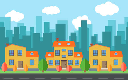 Vector city with cartoon houses and buildings. City space with road on flat style background concept. Summer urban landscape. Street view with cityscape on a backgroundのイラスト素材