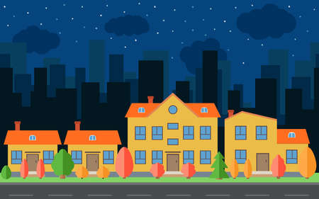 Vector night city with cartoon houses and buildings. City space with road on flat style background concept. Summer urban landscape. Street view with cityscape on a backgroundのイラスト素材