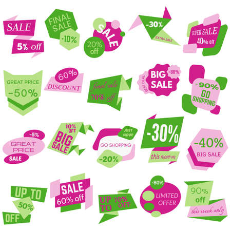 Set of Sale Discount Labels, Tags, Emblems. Web collection of stickers and badges for sale. Isolated vector illustration.のイラスト素材