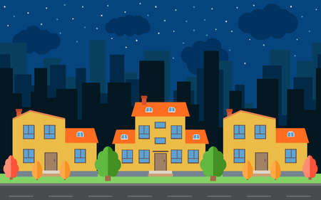 Vector night city with cartoon houses and buildings. City space with road on flat style background concept. Summer urban landscape. Street view with cityscape on a backgroundのイラスト素材