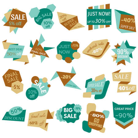 Set of Sale Discount Labels, Tags, Emblems. Web collection of stickers and badges for sale. Isolated vector illustration.のイラスト素材