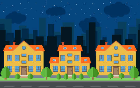 Vector night city with cartoon houses and buildings. City space with road on flat style background concept. Summer urban landscape. Street view with cityscape on a backgroundのイラスト素材