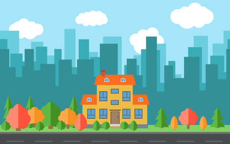 Vector city with cartoon houses and buildings. City space with road on flat style background concept. Summer urban landscape. Street view with cityscape on a backgroundのイラスト素材
