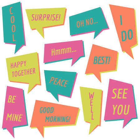 Set of speech bubbles on a white background with different inscriptions in the middle. Speech bubbles with short phrases. Vector illustration.のイラスト素材