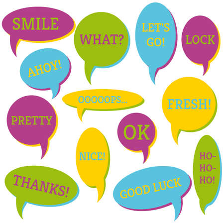 Set of speech bubbles on a white background with different inscriptions in the middle. Speech bubbles with short phrases. Vector illustration.のイラスト素材