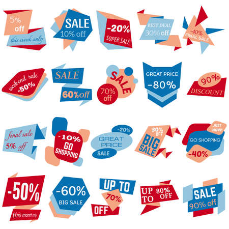 Set of Sale Discount Labels, Tags, Emblems. Web collection of stickers and badges for sale. Isolated vector illustration.のイラスト素材