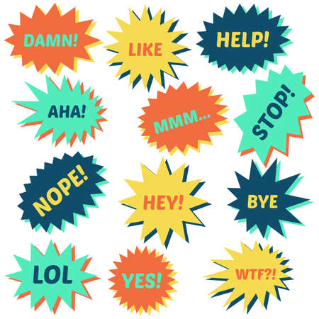 Set of speech bubbles on a white background with different inscriptions in the middle. Speech bubbles with short phrases. Vector illustration.のイラスト素材