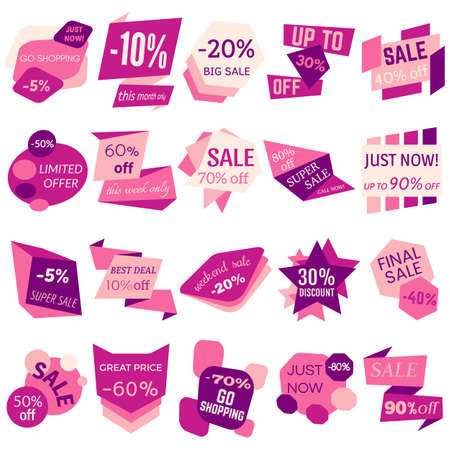 Set of Sale Discount Labels, Tags, Emblems. Web collection of stickers and badges for sale. Isolated vector illustration.のイラスト素材