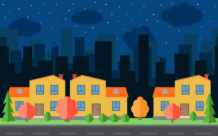 Vector night city with cartoon houses and buildings. City space with road on flat style background concept. Summer urban landscape. Street view with cityscape on a backgroundのイラスト素材