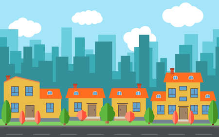 Vector city with cartoon houses and buildings. City space with road on flat style background concept. Summer urban landscape. Street view with cityscape on a backgroundのイラスト素材
